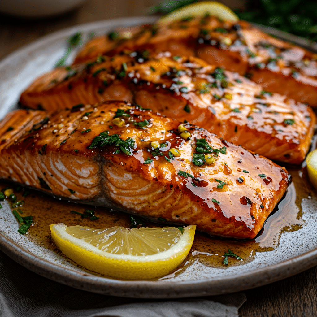 Hot honey lemon salmon with caramelized glaze and lemon garnish