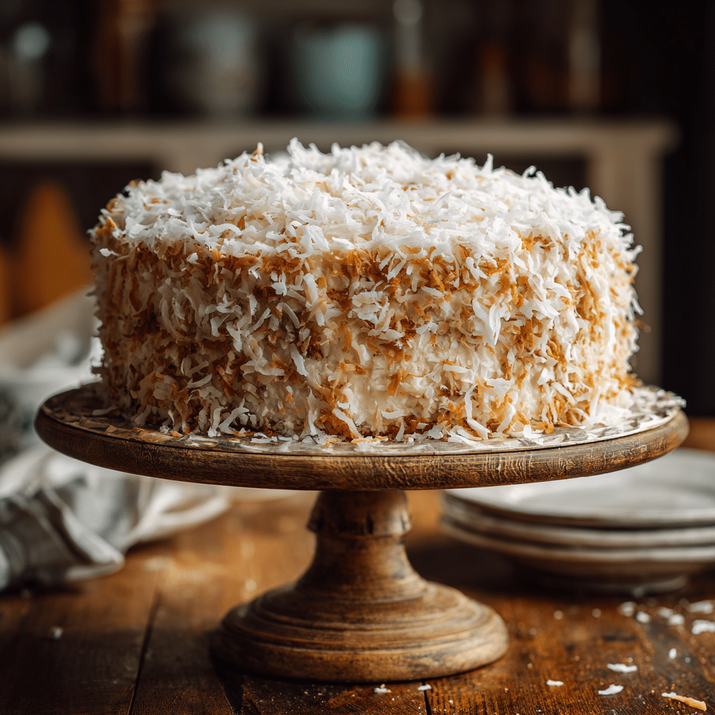 Gluten free coconut cake on vintage cake stand