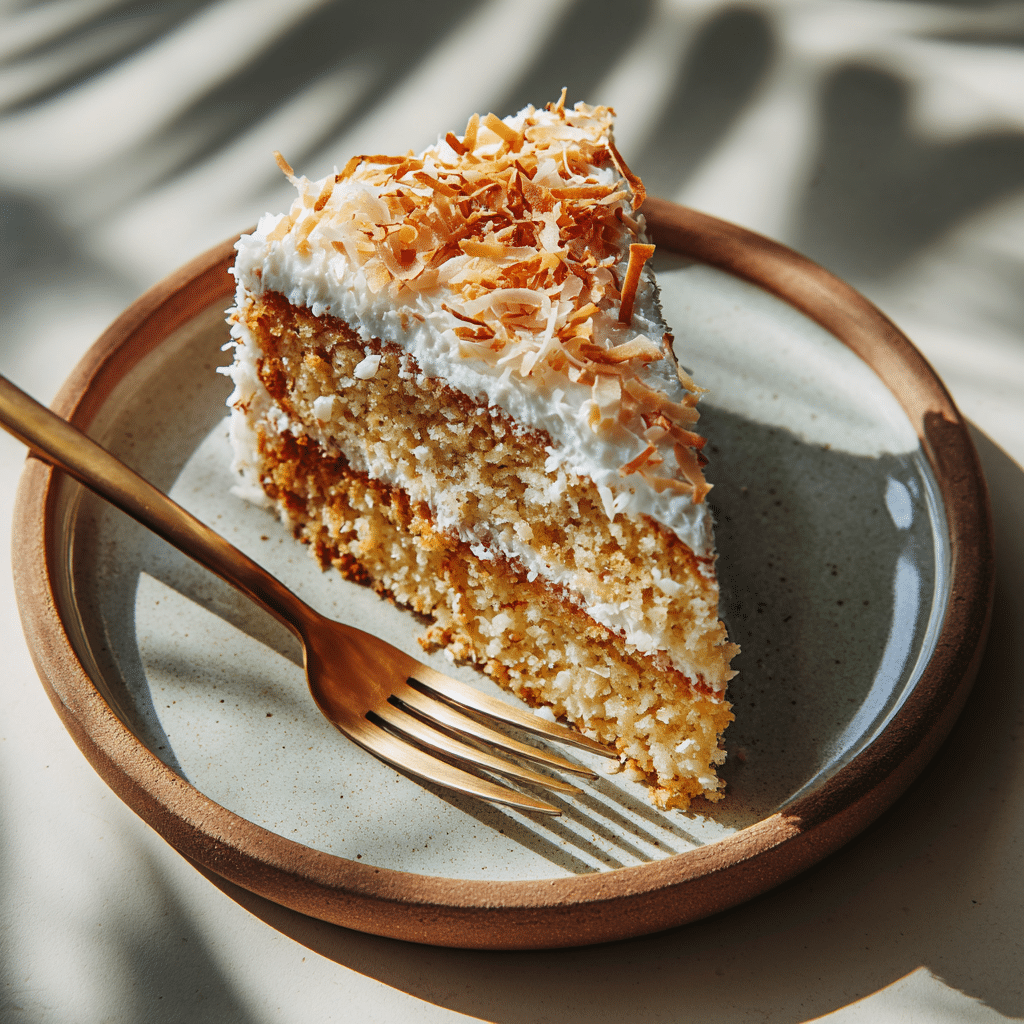 Slice of gluten free coconut cake served