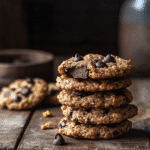 Stack of chocolate chip rice krispie cookies on rustic table