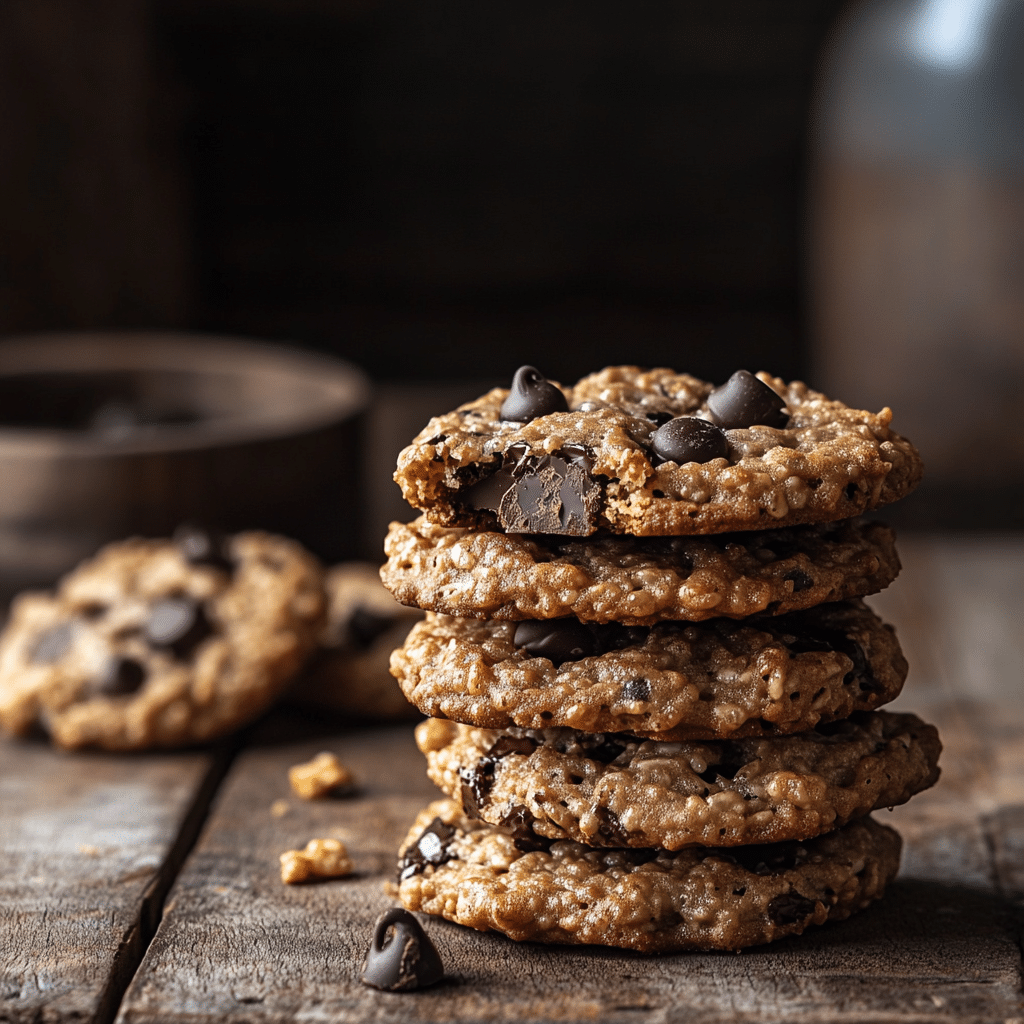 Stack of chocolate chip rice krispie cookies on rustic table