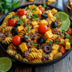 Pasta taco salad recipe served in summer bowl