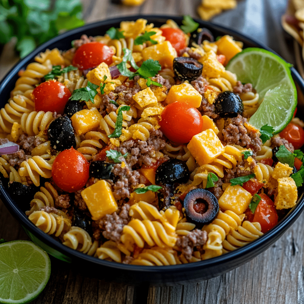 Pasta taco salad recipe served in summer bowl
