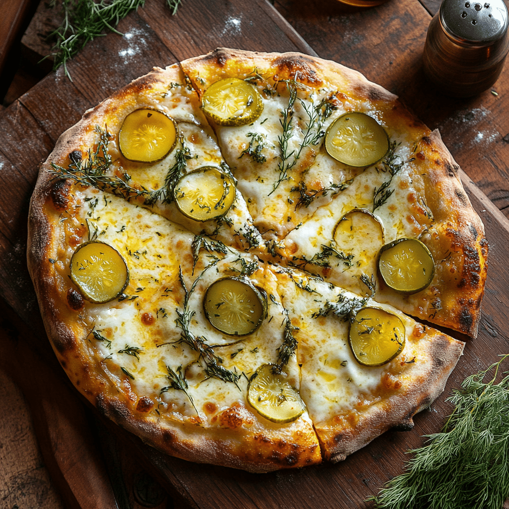 Pickled pizza with melted cheese and dill pickles