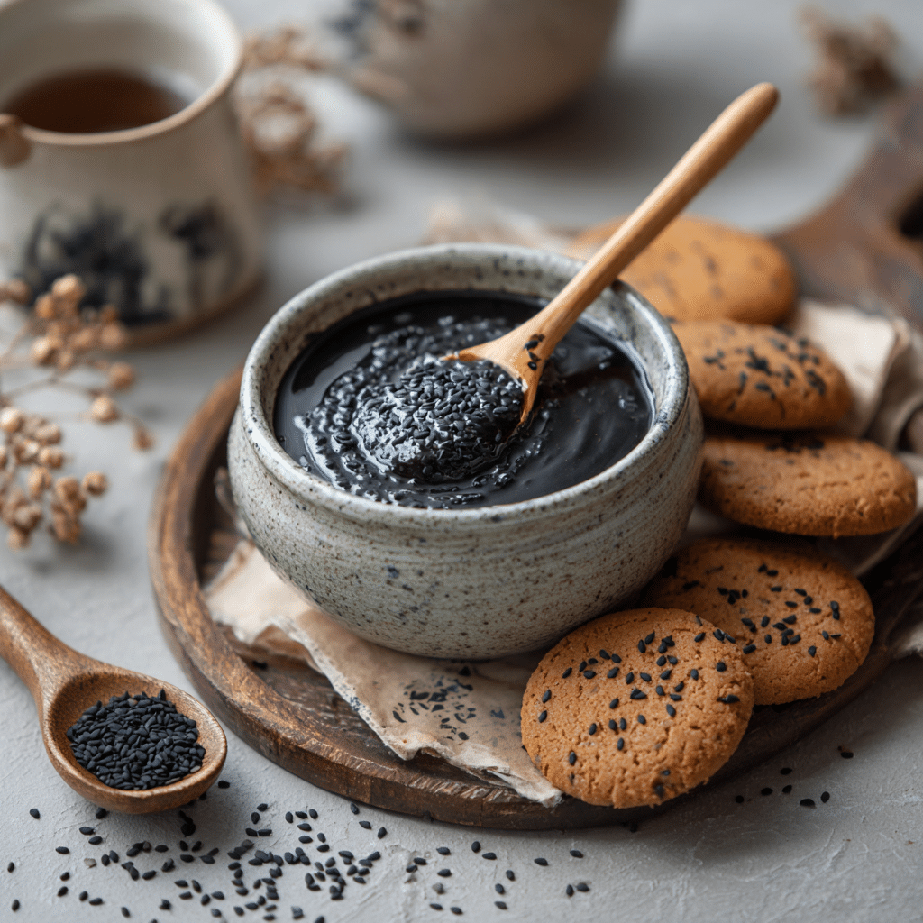 Black sesame paste in bowl with sesame cookies