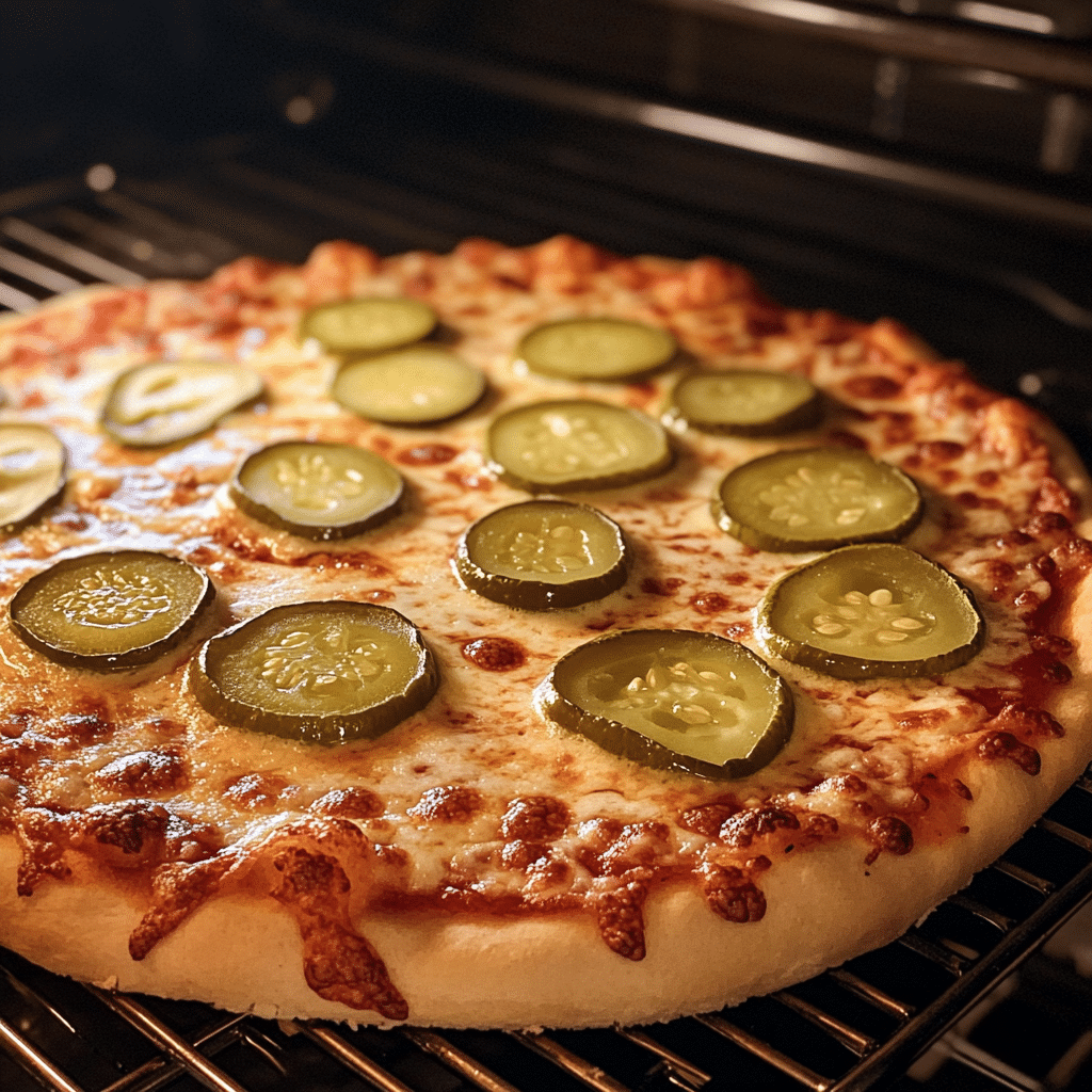 Pickles and cheese baking on pizza crust