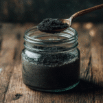 Black sesame paste in jar with spoon on rustic table