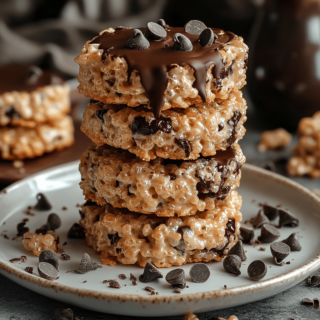 Chocolate chip Rice Krispie cookies on a white plate