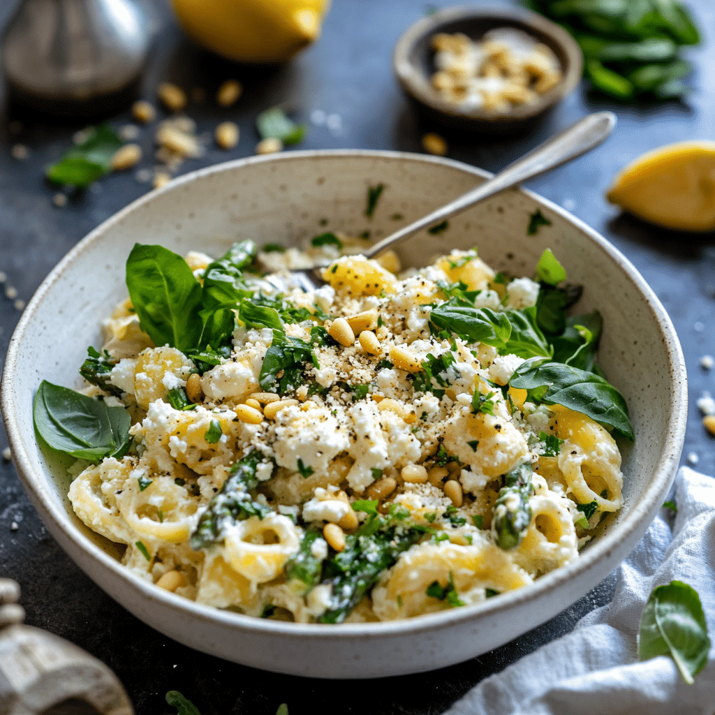 Finished lemon ricotta asparagus pasta salad