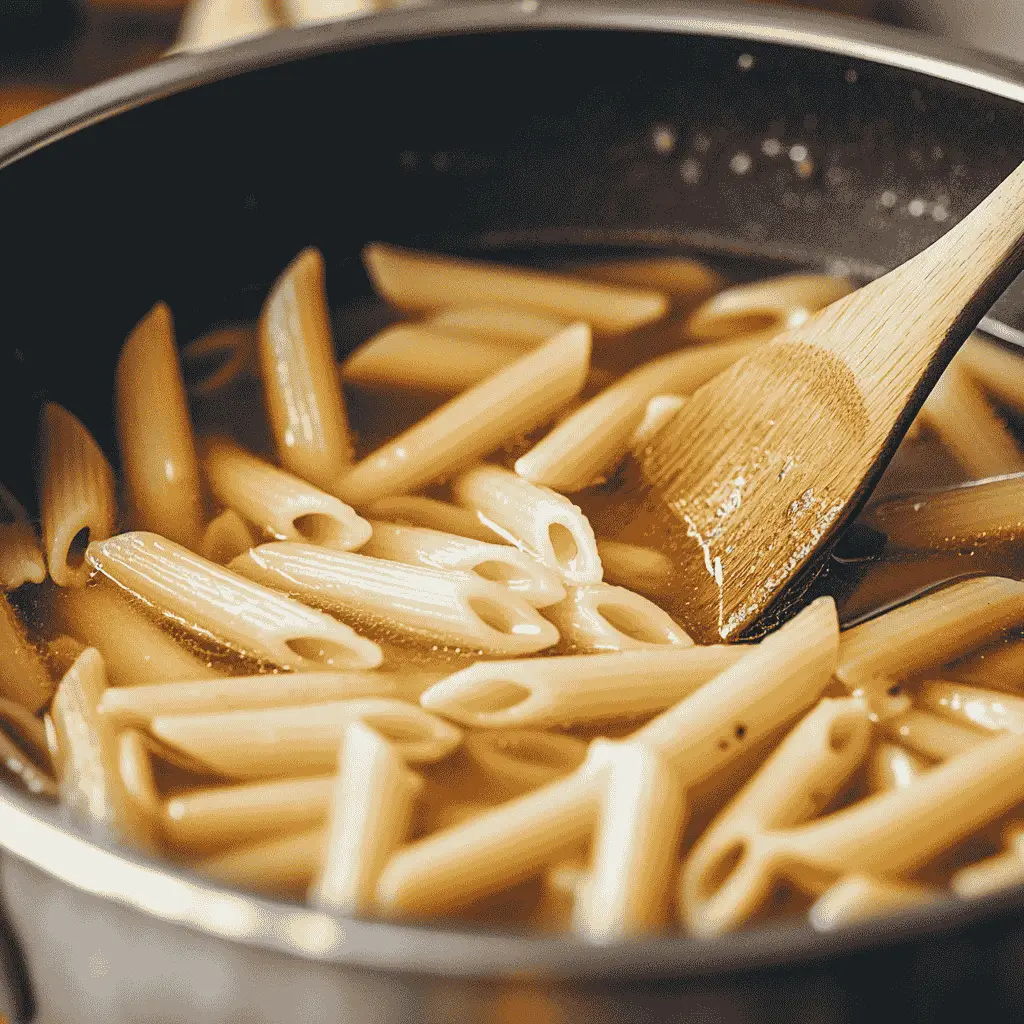 penne pasta simmering in chicken broth for creamy garlic butter parmesan chicken pasta