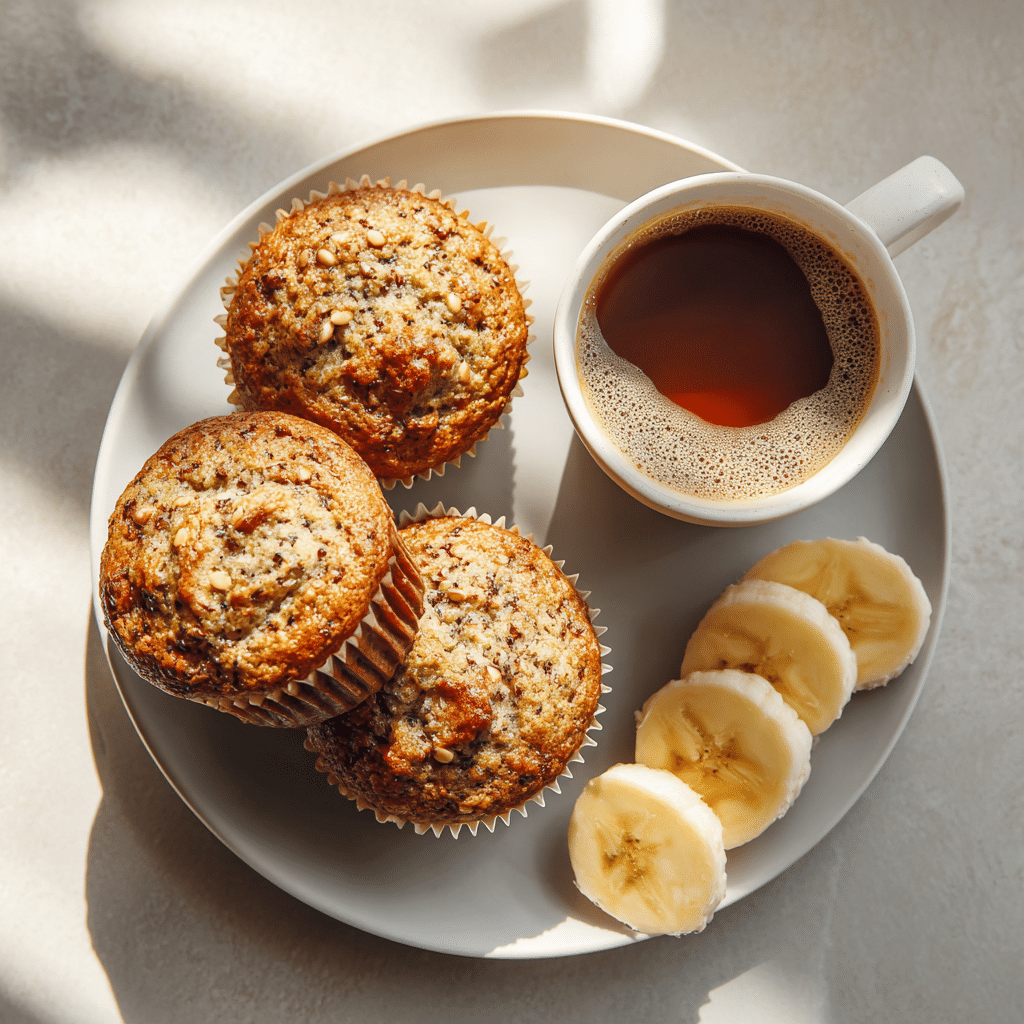 Served banana chocolate chip muffins with oatmeal and coffee