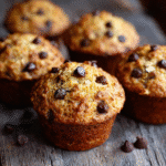 Banana chocolate chip muffins with oatmeal on wooden table