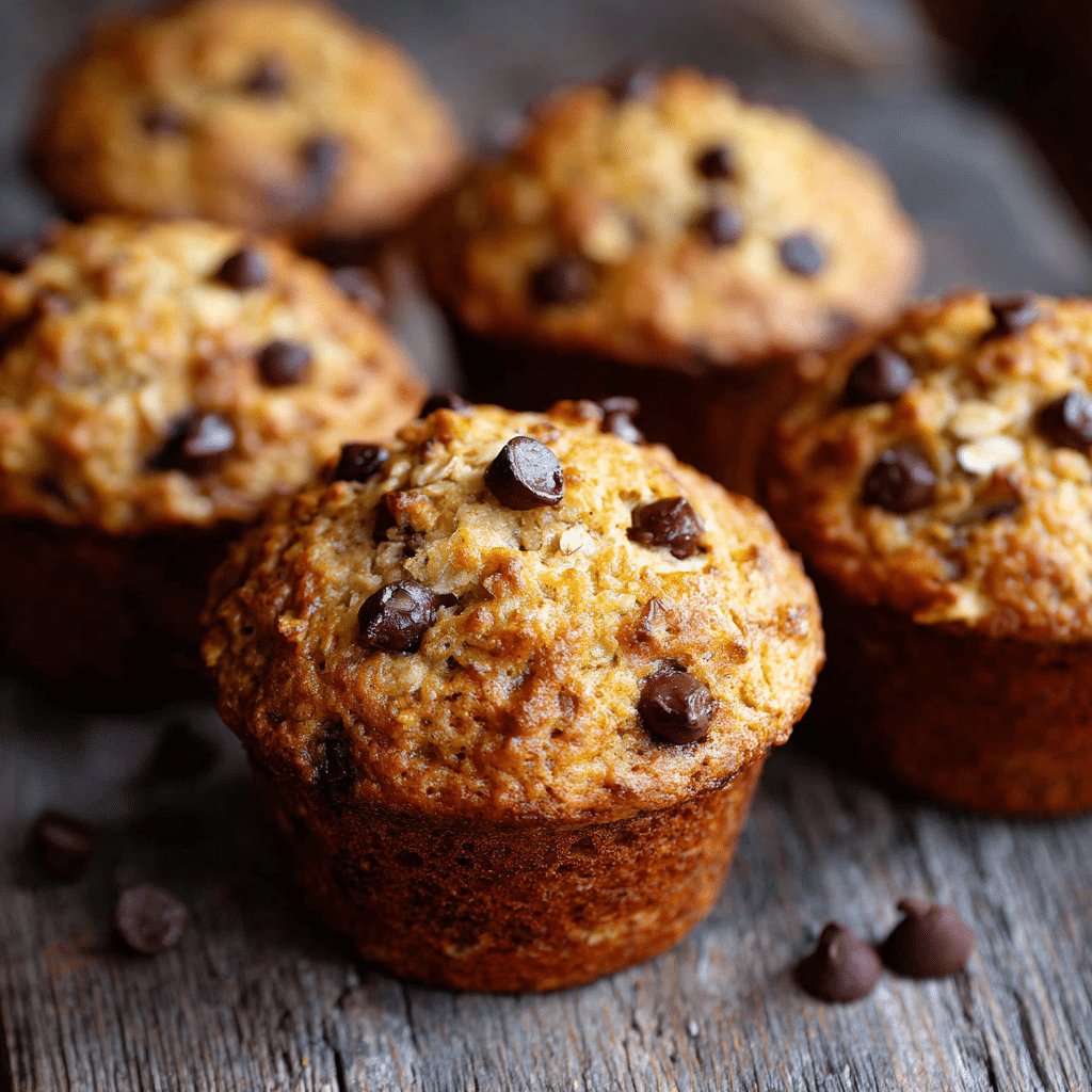 Banana chocolate chip muffins with oatmeal on wooden table
