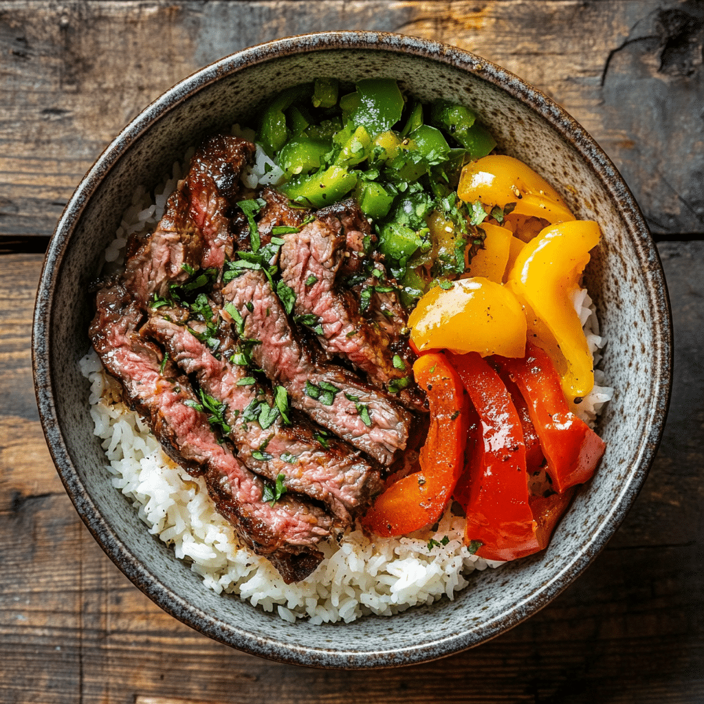 Beef and pepper rice bowl served fresh