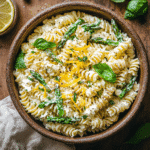 Lemon ricotta asparagus pasta salad in a rustic bowl