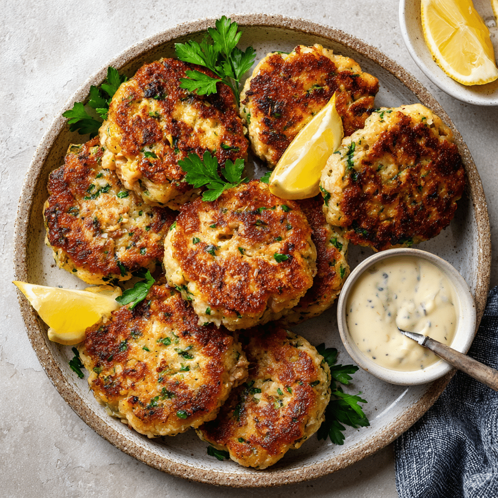 Served gluten-free tuna cakes with salad and dip
